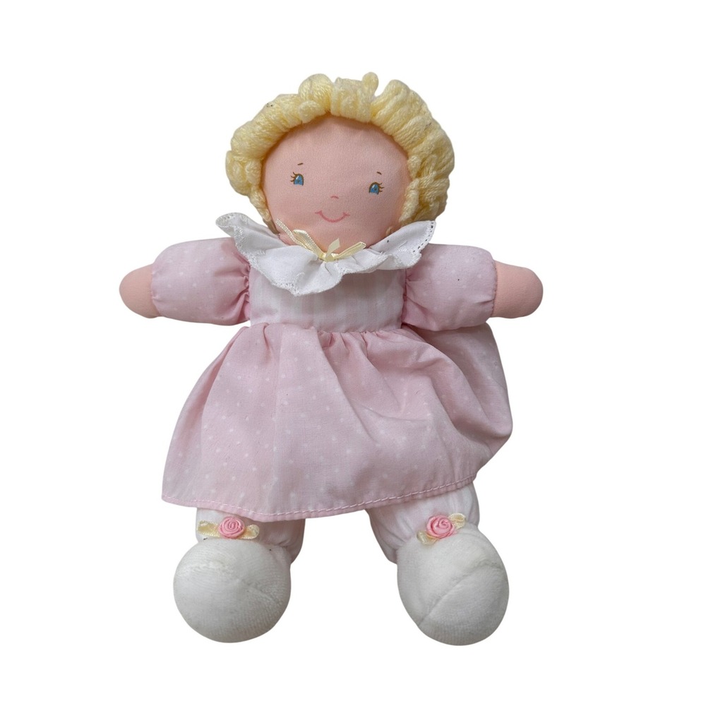 Eden Plush Doll Vintage Blonde Yarn Hair Pink Dress 12 inch Stuffed Animal Toy